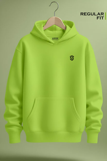 Lime green regular fit hoodie with front pocket and small chest logo on hanger