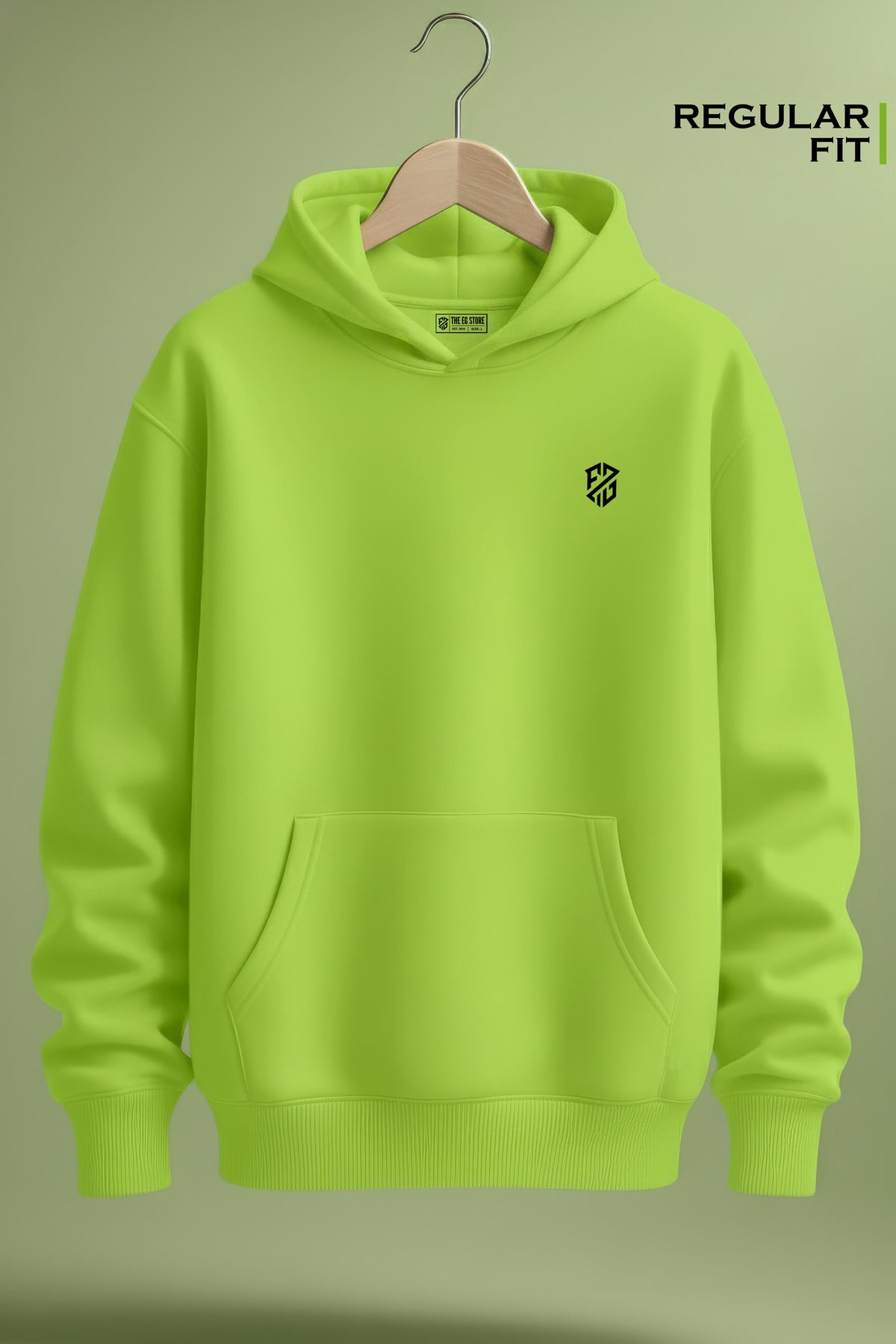 Lime green regular fit hoodie with front pocket and small chest logo on hanger