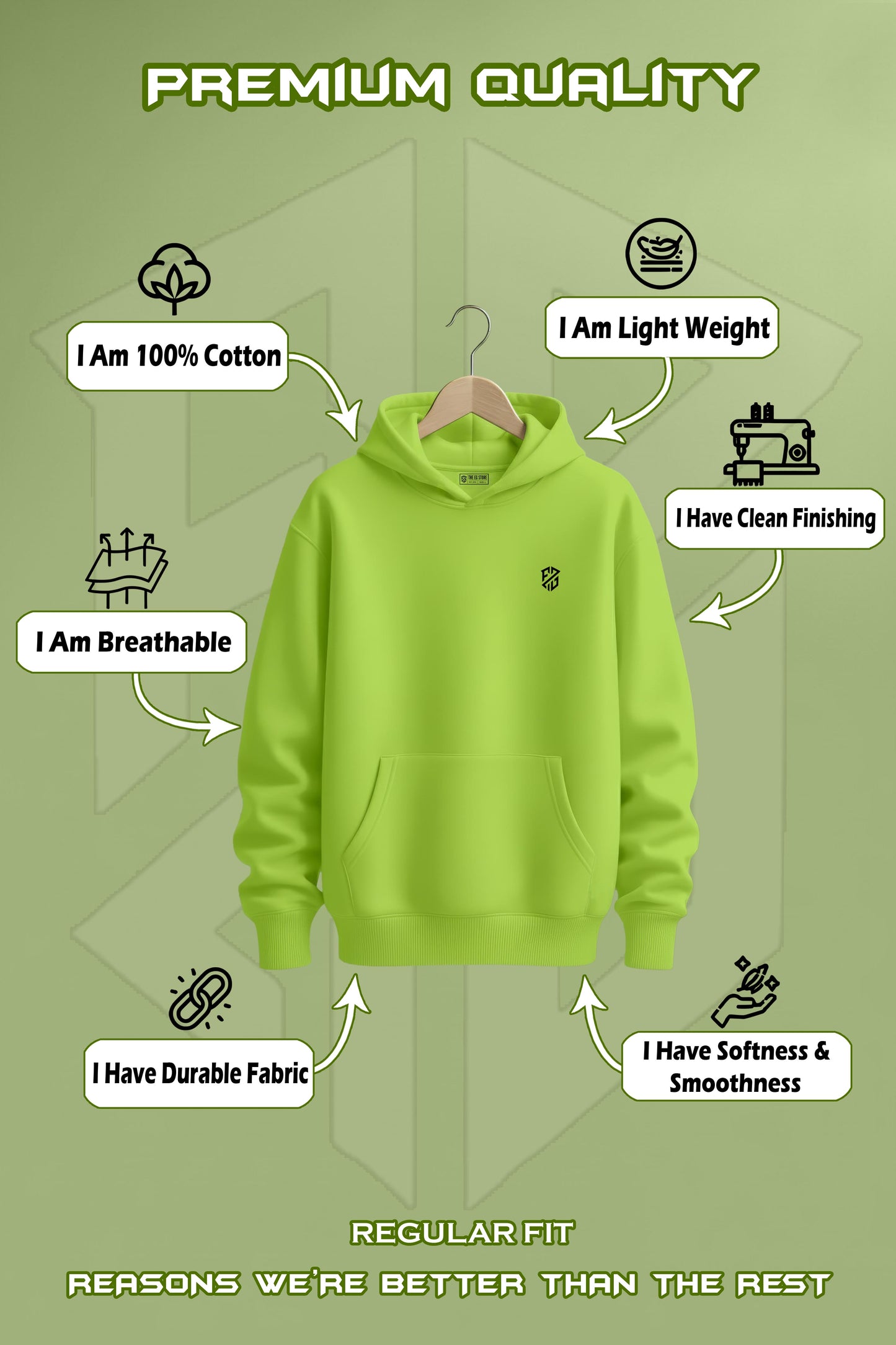 Lime green hoodie on hanger, 100% cotton, lightweight, breathable, durable, regular fit.