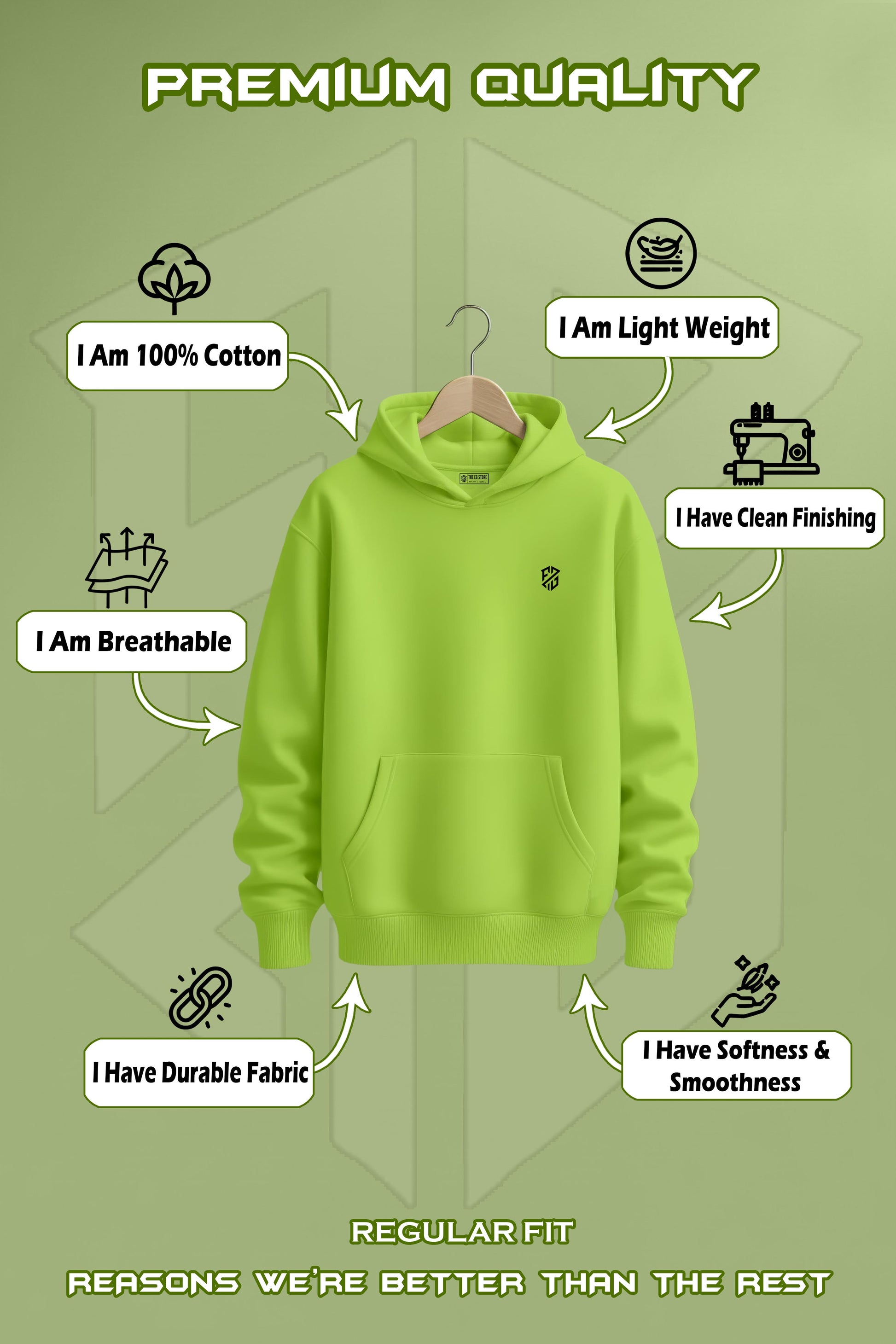 Lime green hoodie on hanger, 100% cotton, lightweight, breathable, durable, regular fit.
