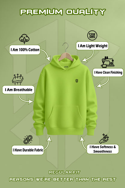 Lime green hoodie on hanger, 100% cotton, lightweight, breathable, durable, regular fit.