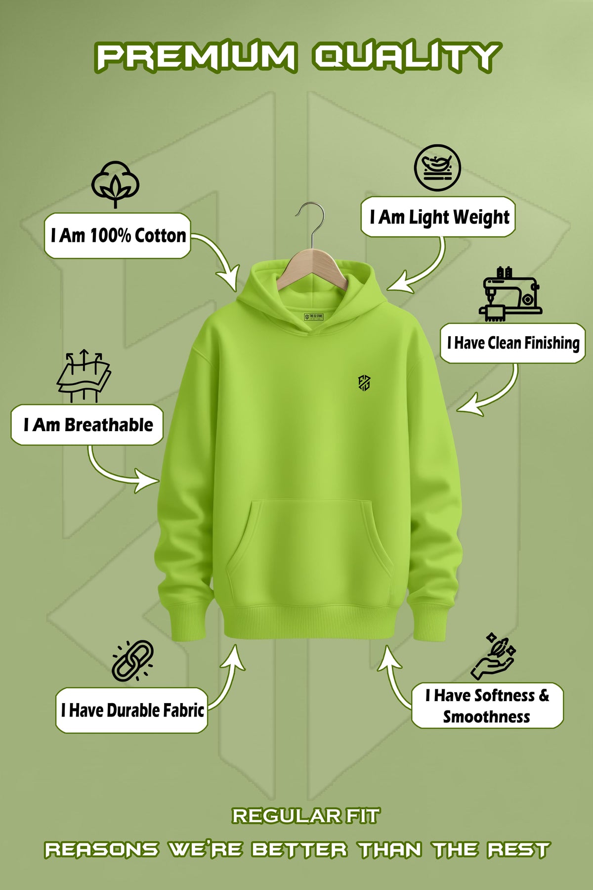 Premium Neon Green Hoodie: Regular Fit Comfort Style - Hover Image