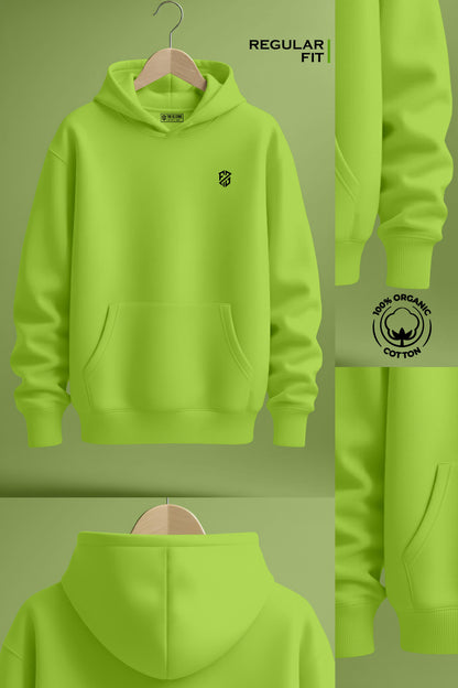 Lime green organic cotton hoodie with kangaroo pocket, regular fit, small chest logo