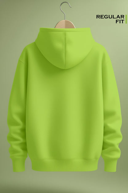 Back view of lime green regular fit hoodie on hanger against matching background