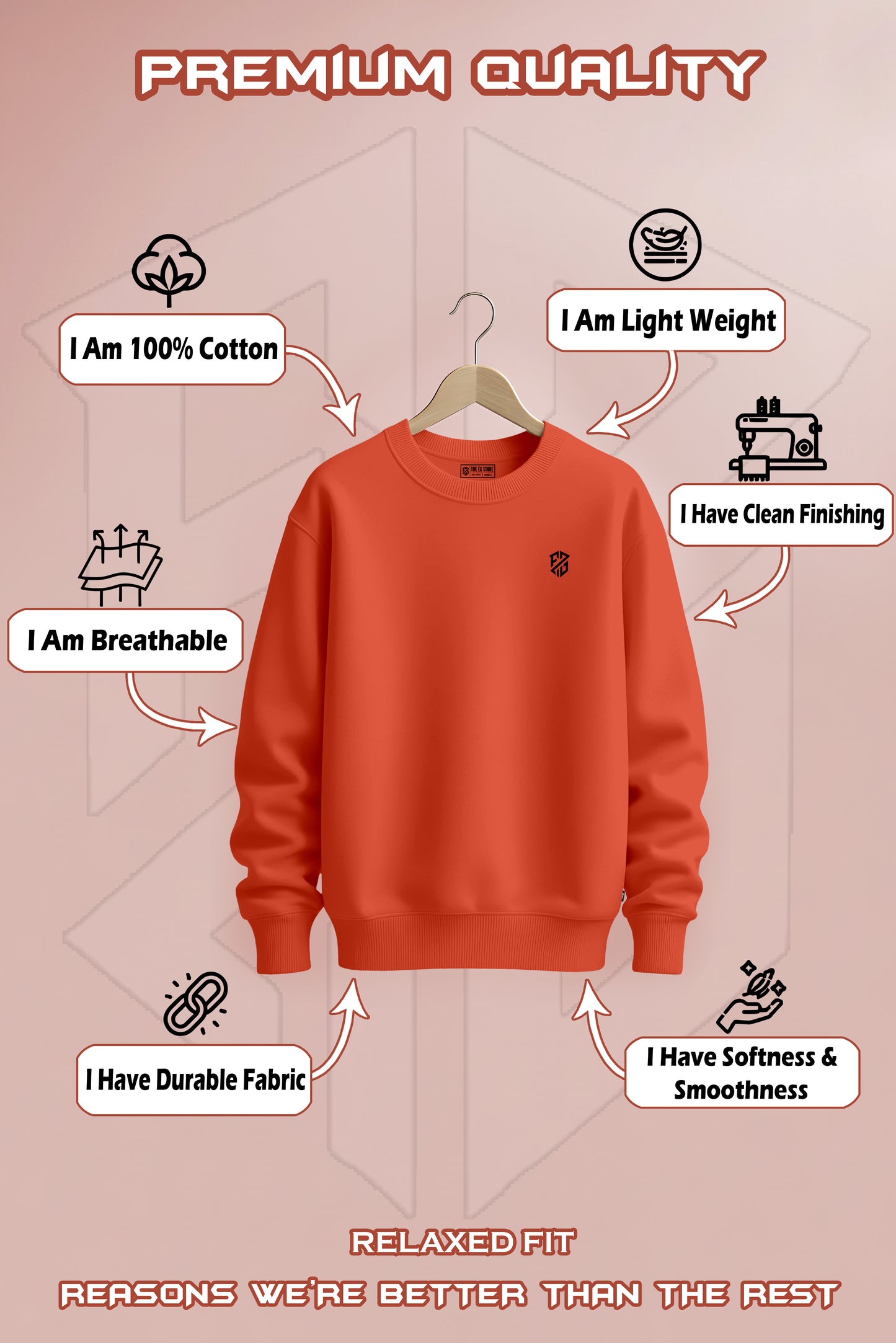 Orange sweatshirt on hanger with benefits: 100% cotton, lightweight, breathable, durable, soft, clean finishing, relaxed fit.