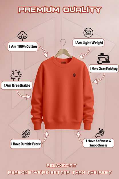 Orange sweatshirt on hanger with benefits: 100% cotton, lightweight, breathable, durable, soft, clean finishing, relaxed fit.