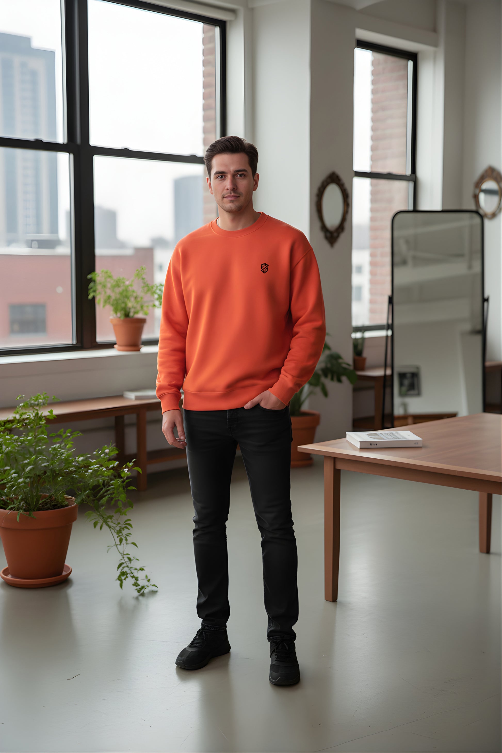 Man wearing orange crewneck sweatshirt and black pants in modern indoor setting with plants