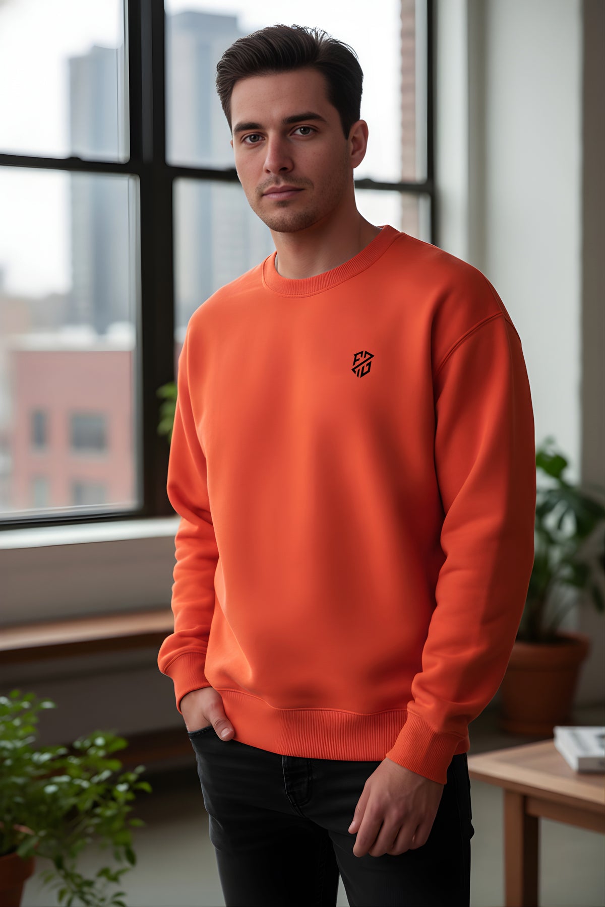 Man in modern orange sweatshirt with black logo, standing indoors by window