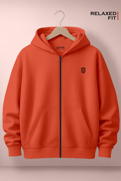 Relaxed fit orange zip-up hoodie with front pockets and black logo on chest