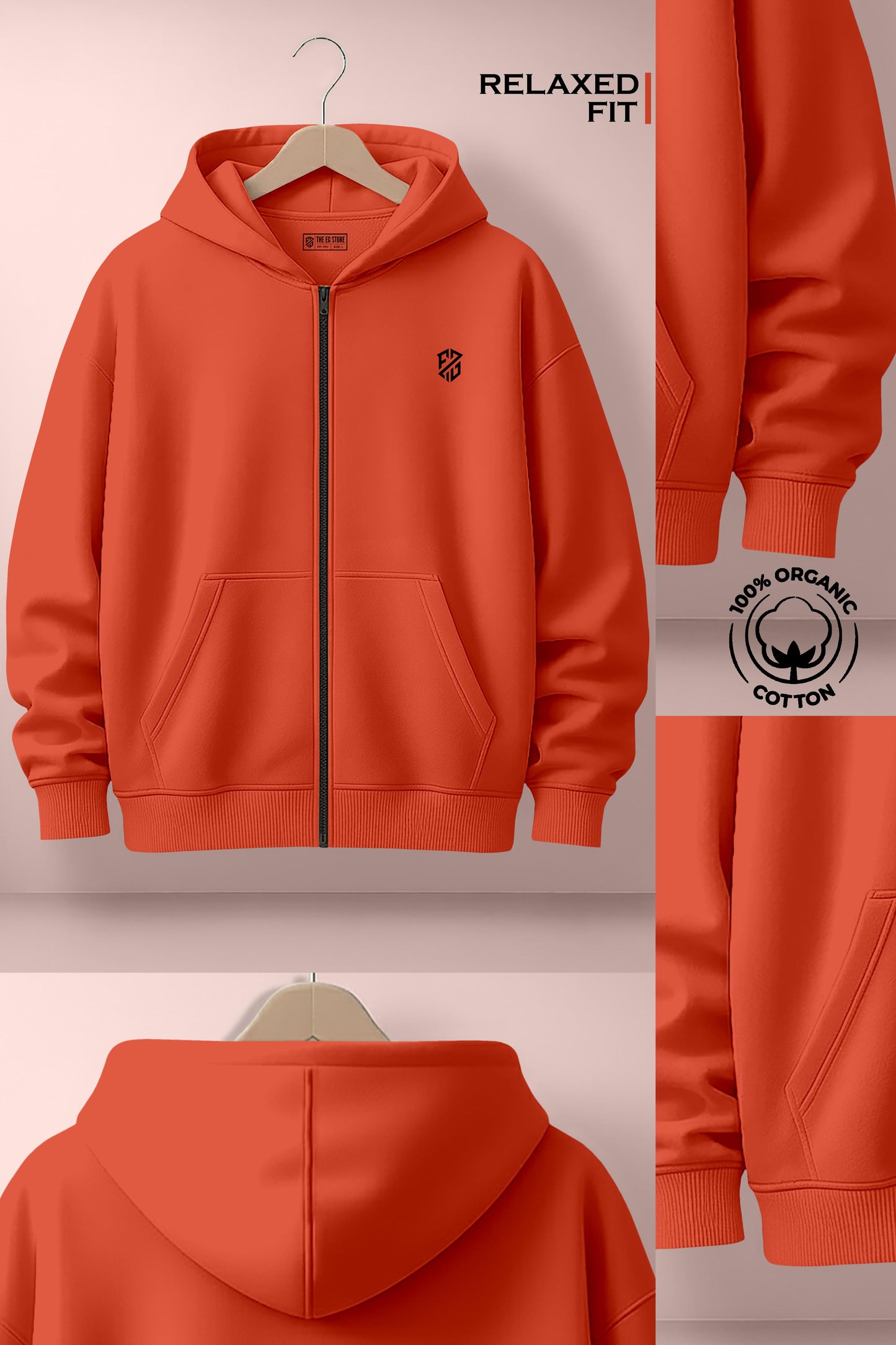 Relaxed fit orange zip-up hoodie, 100% organic cotton, front and back views, side details.