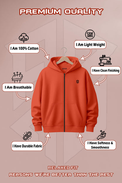 Orange zip-up cotton hoodie on hanger, highlighting breathable, durable, lightweight, soft fabric and clean finishing.