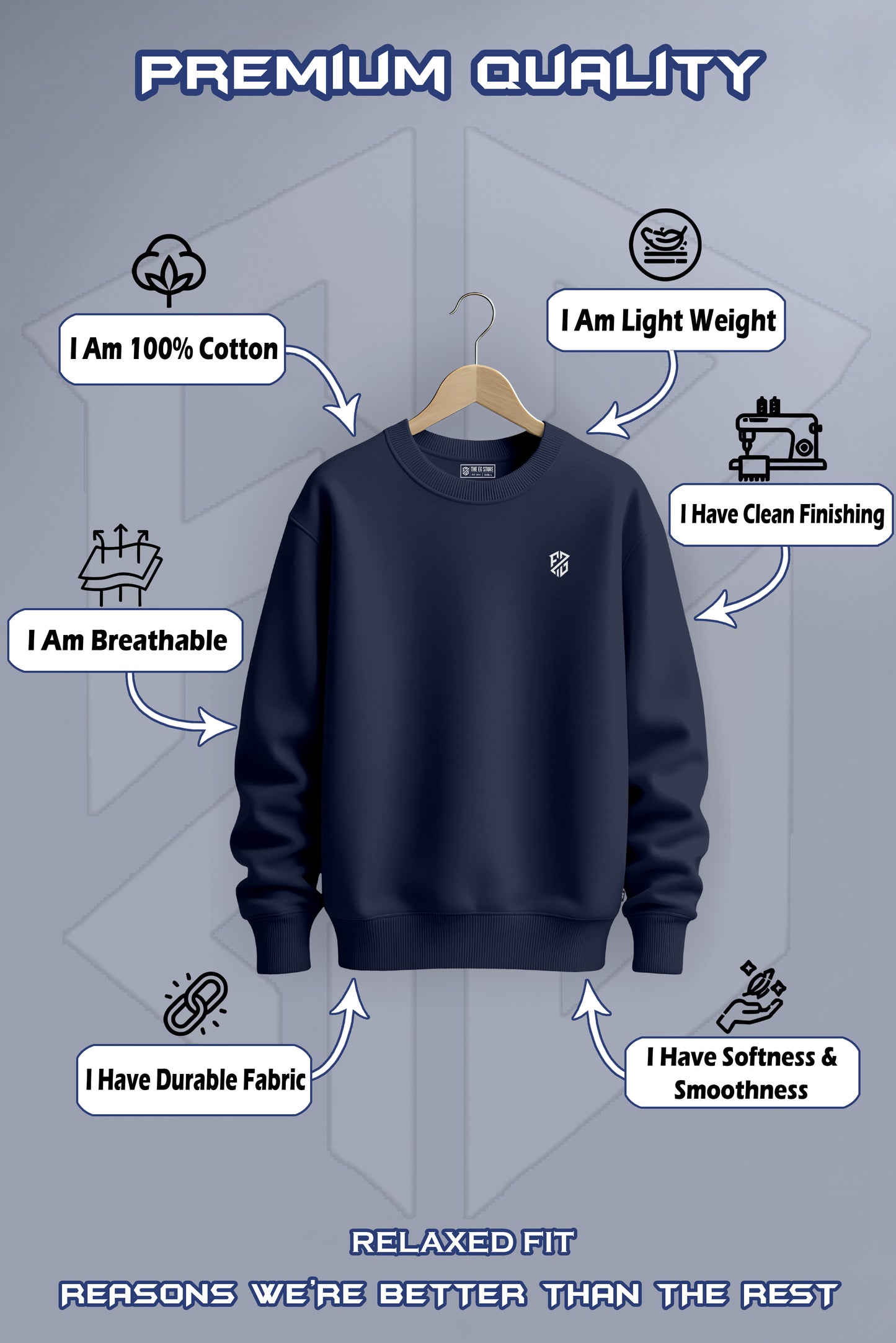 Navy blue cotton sweatshirt on hanger highlighting soft, breathable, lightweight, durable fabric.