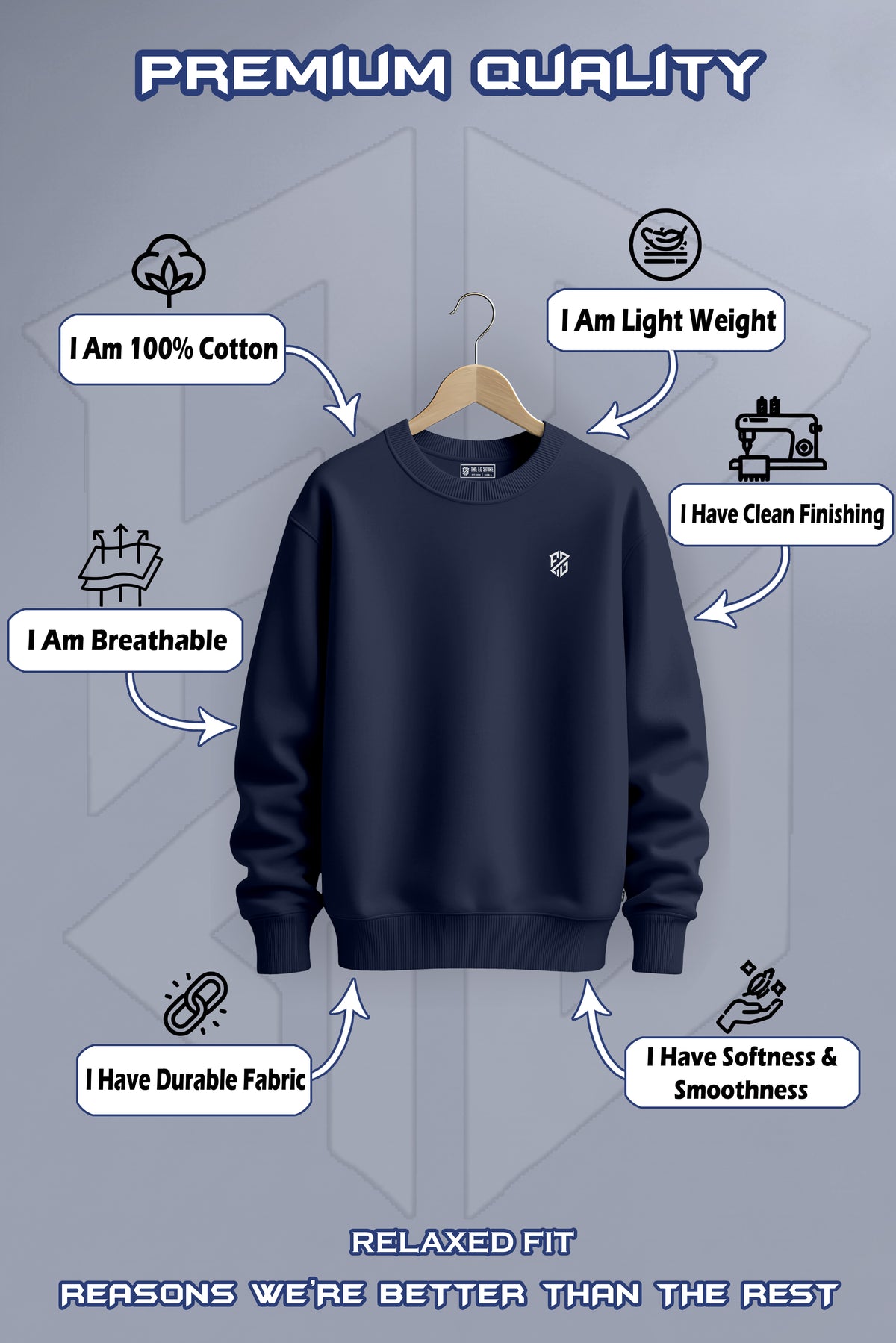 Navy blue cotton sweatshirt on hanger highlighting soft, breathable, lightweight, durable fabric.