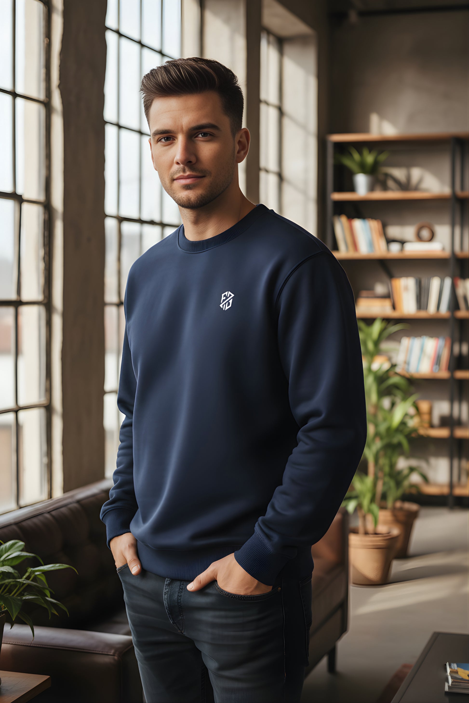Man in navy blue crewneck sweatshirt with logo, standing in modern living room