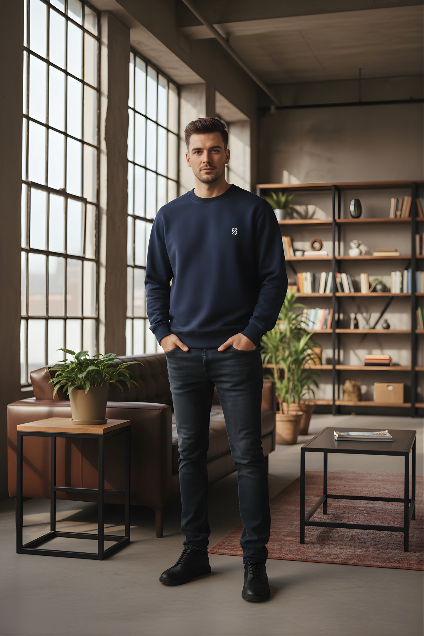 Man in navy blue sweatshirt and jeans standing in modern loft living room with plants and bookshelves