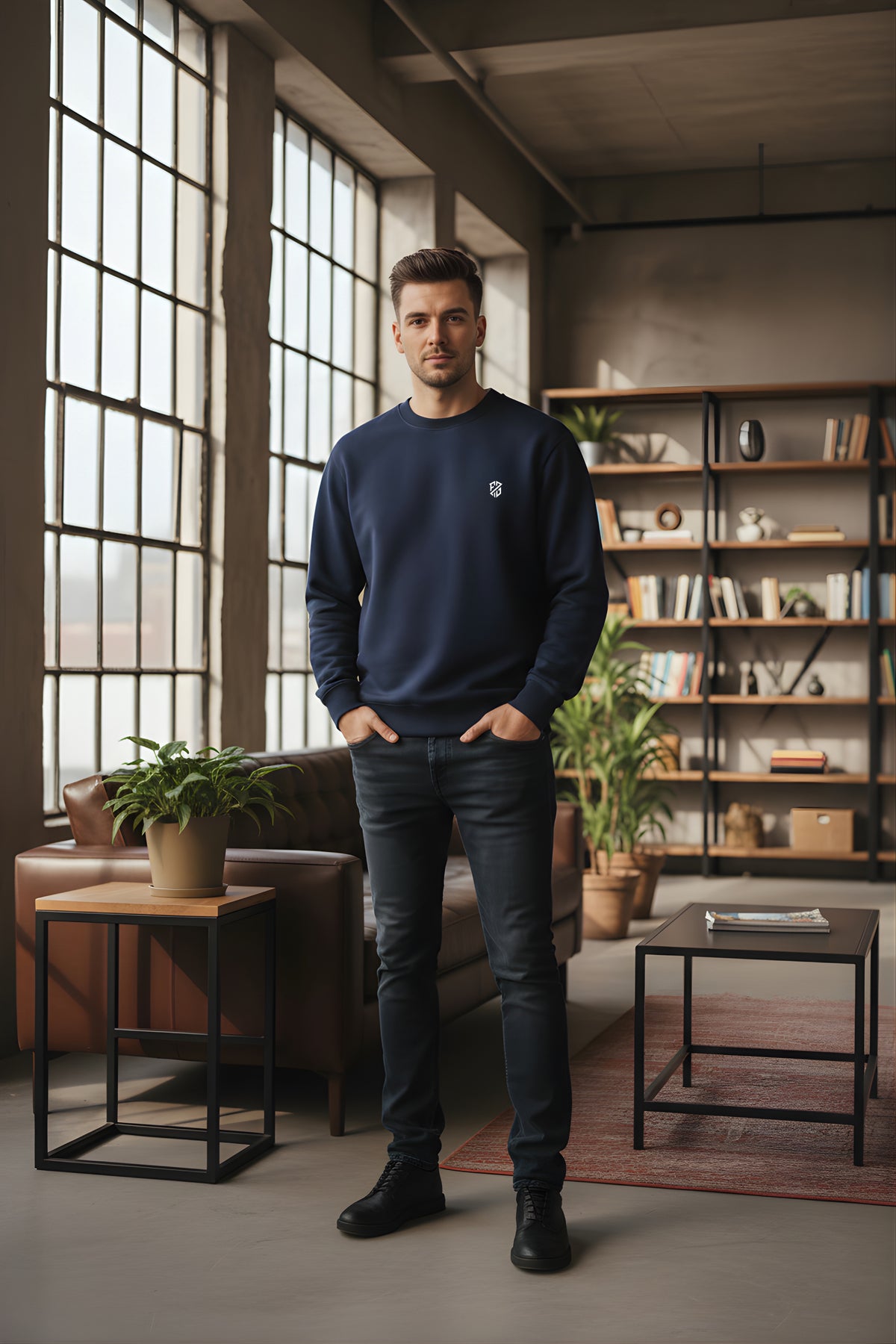 Man in navy blue sweatshirt and jeans standing in modern loft living room with plants and bookshelves