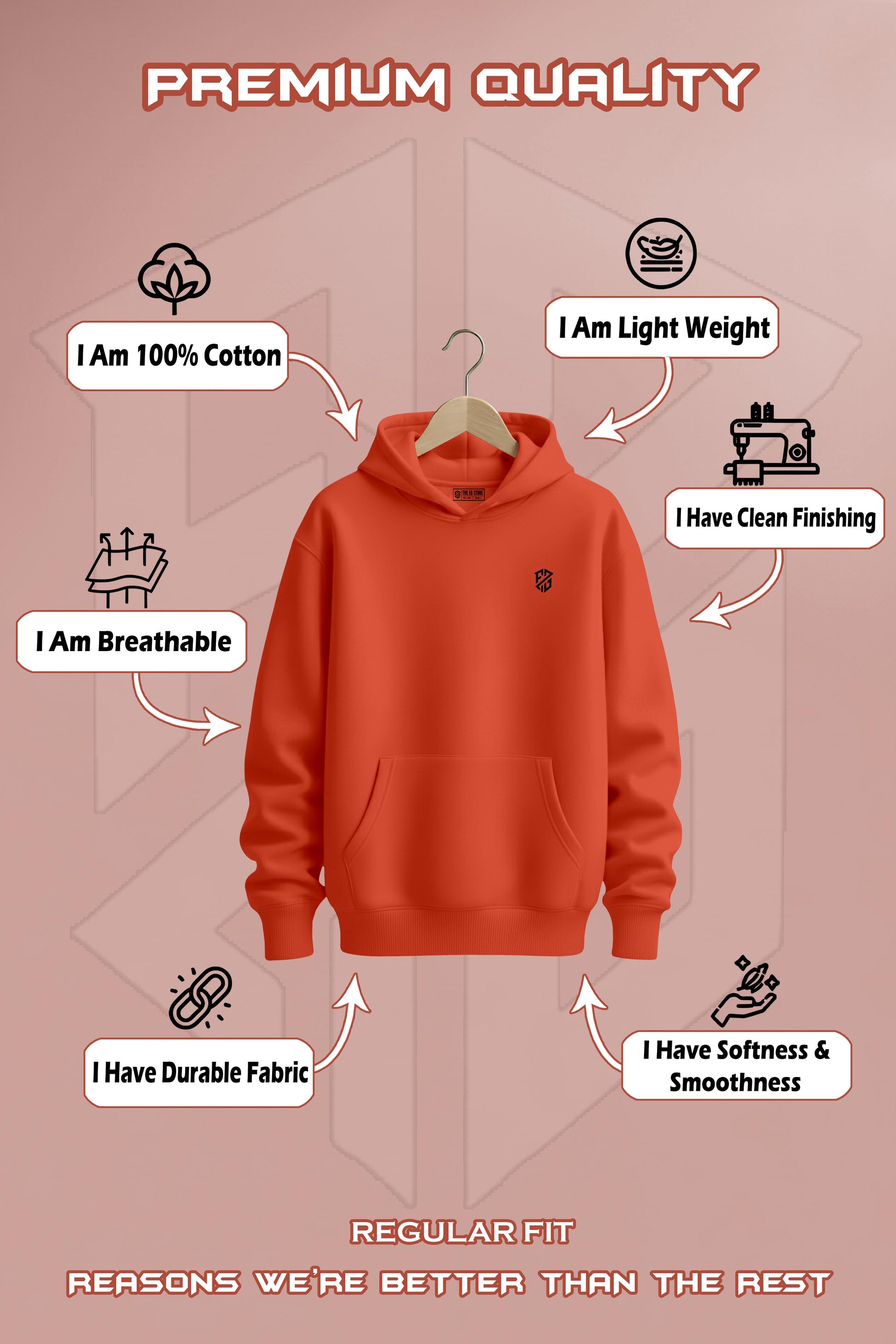 Orange hoodie on hanger, showcasing 100% cotton, lightweight, breathable, durable fabric, and clean finishing.