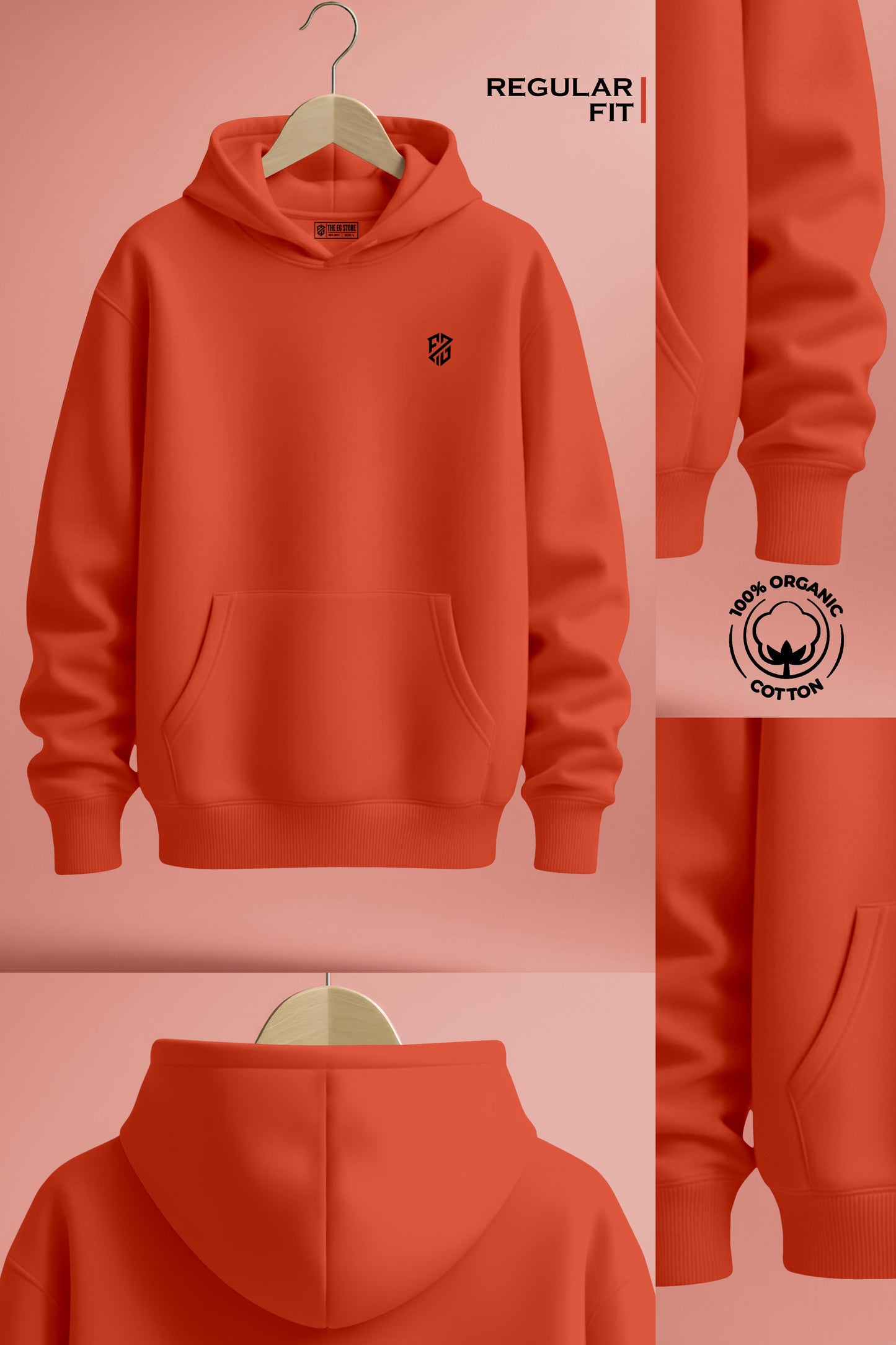 Organic cotton orange hoodie with front pocket, regular fit, minimalist chest logo