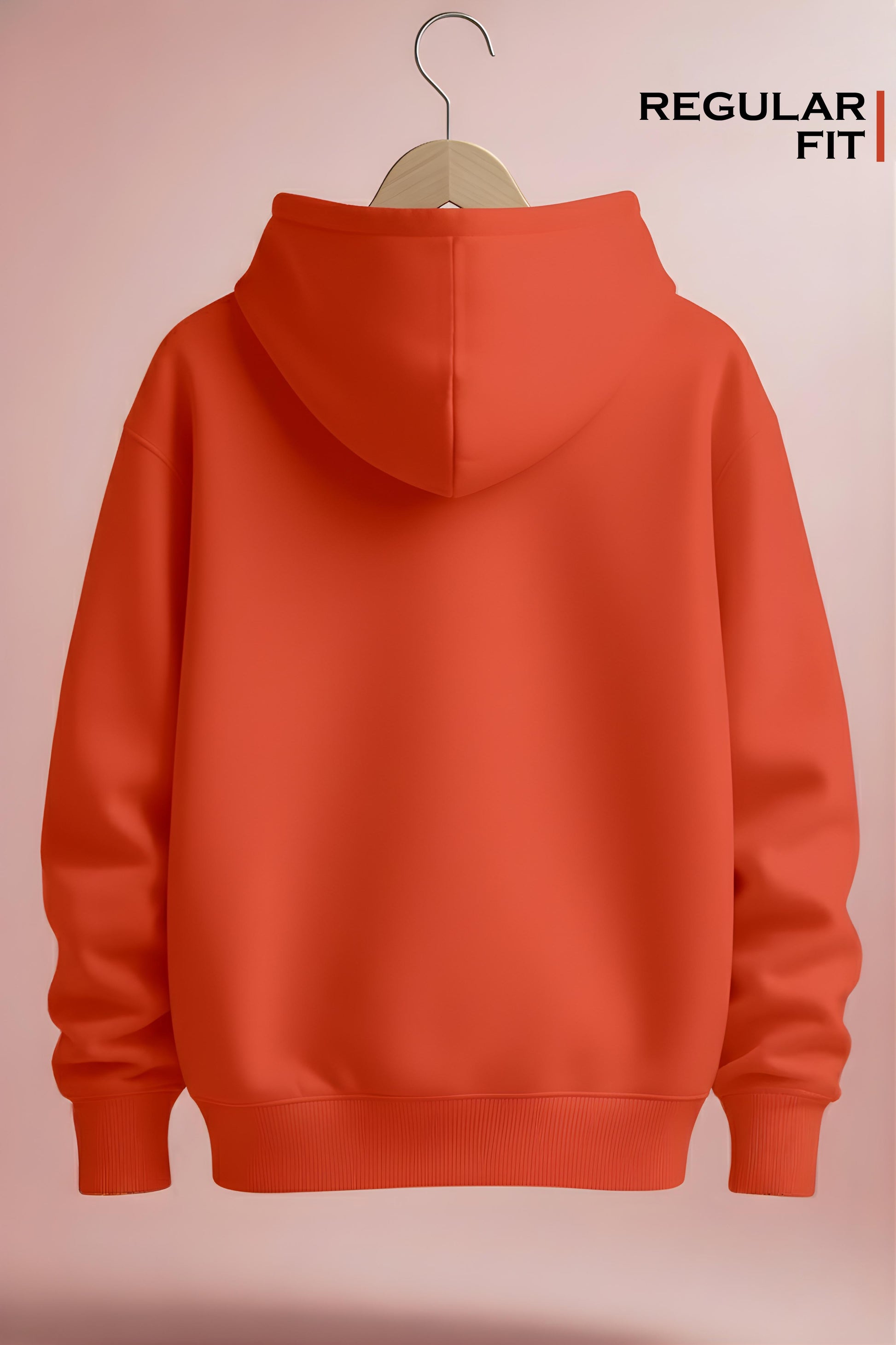 Back view of regular fit orange hoodie on hanger, plain background