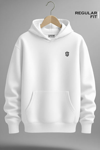 White regular fit hoodie with black geometric chest logo, front pocket, on hanger