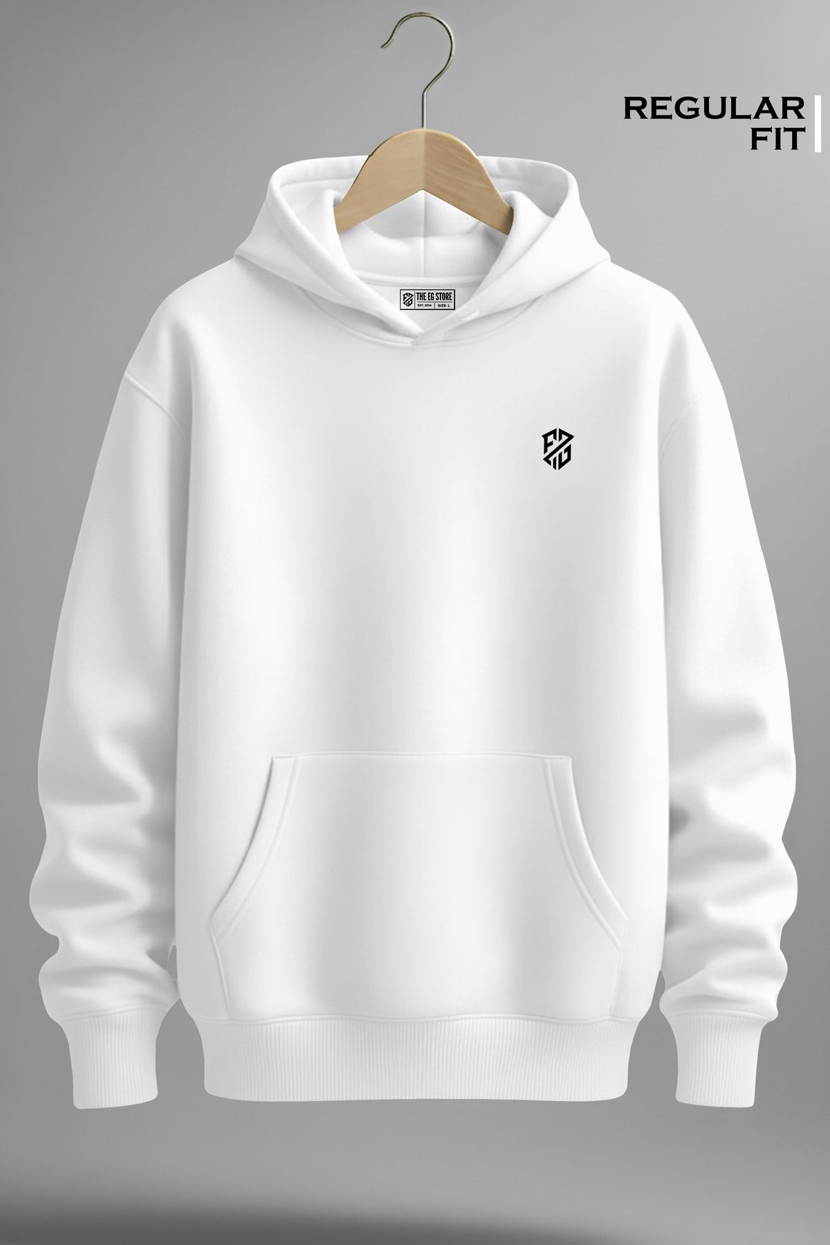 White regular fit hoodie with black geometric chest logo, front pocket, on hanger
