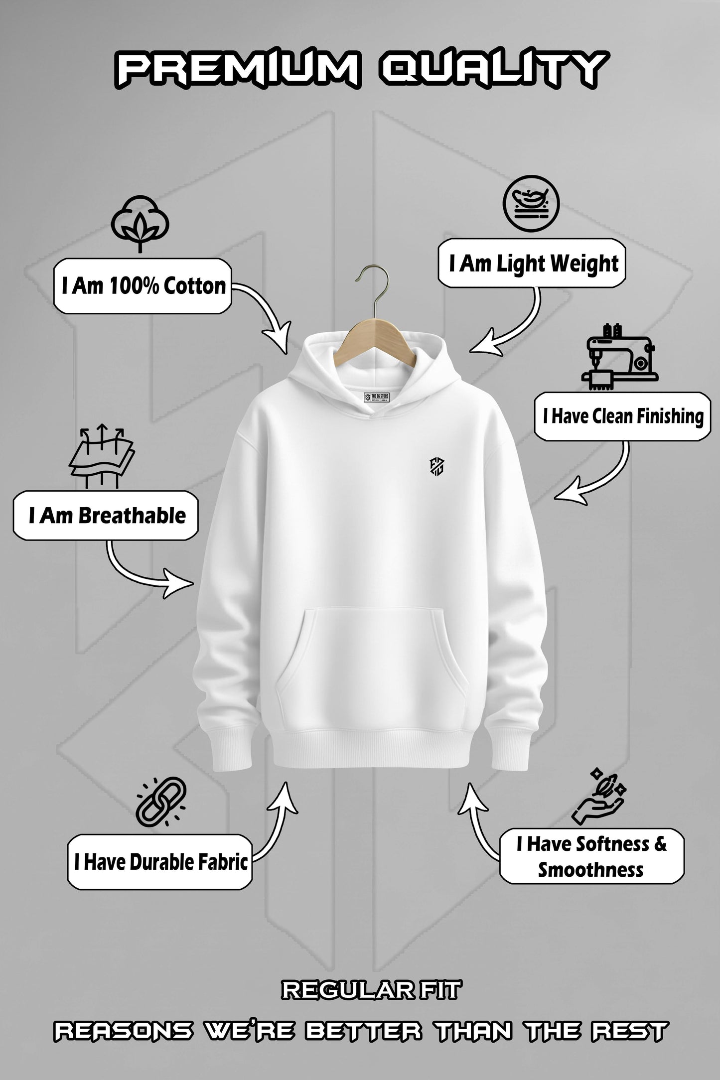 White cotton hoodie on hanger with premium quality, breathable, lightweight, durable fabric features.