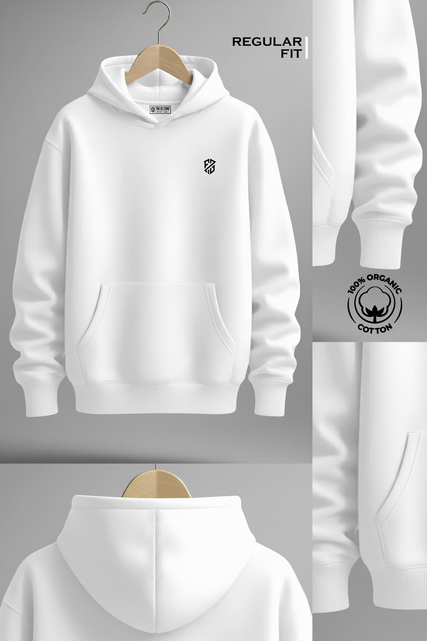 White organic cotton hoodie with front pocket, black chest logo, and regular fit display