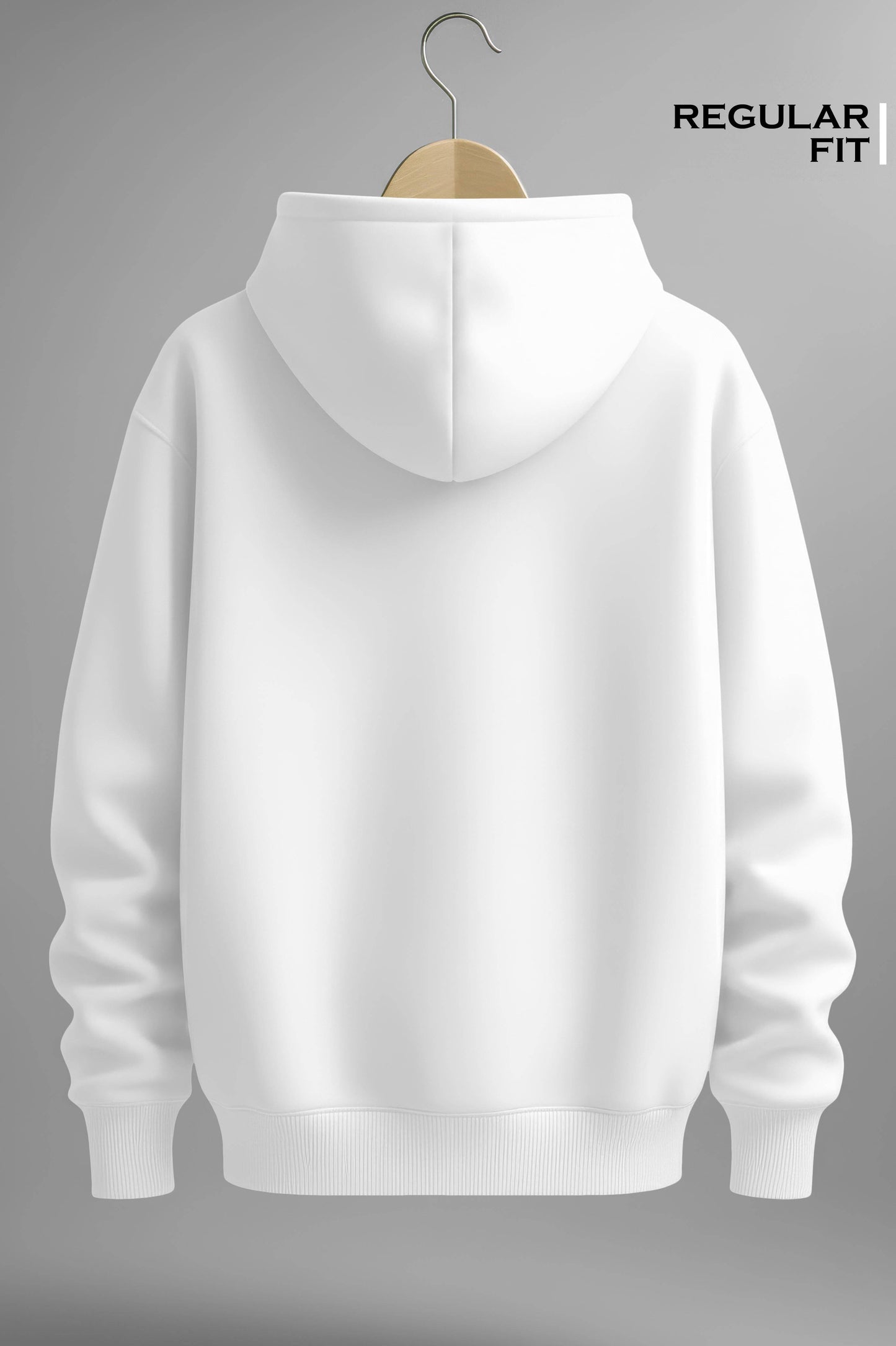Back view of plain white regular fit hoodie on hanger, blank pullover sweatshirt