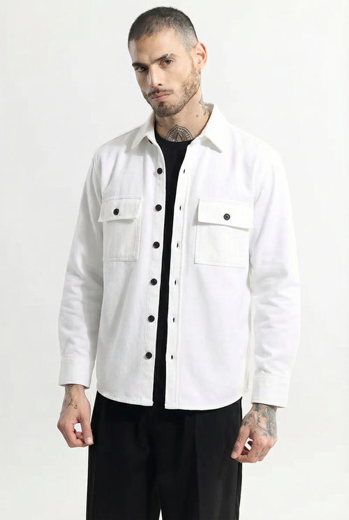 Premium White Textured Overshirt Shacket for men: Relaxed Utility Fit