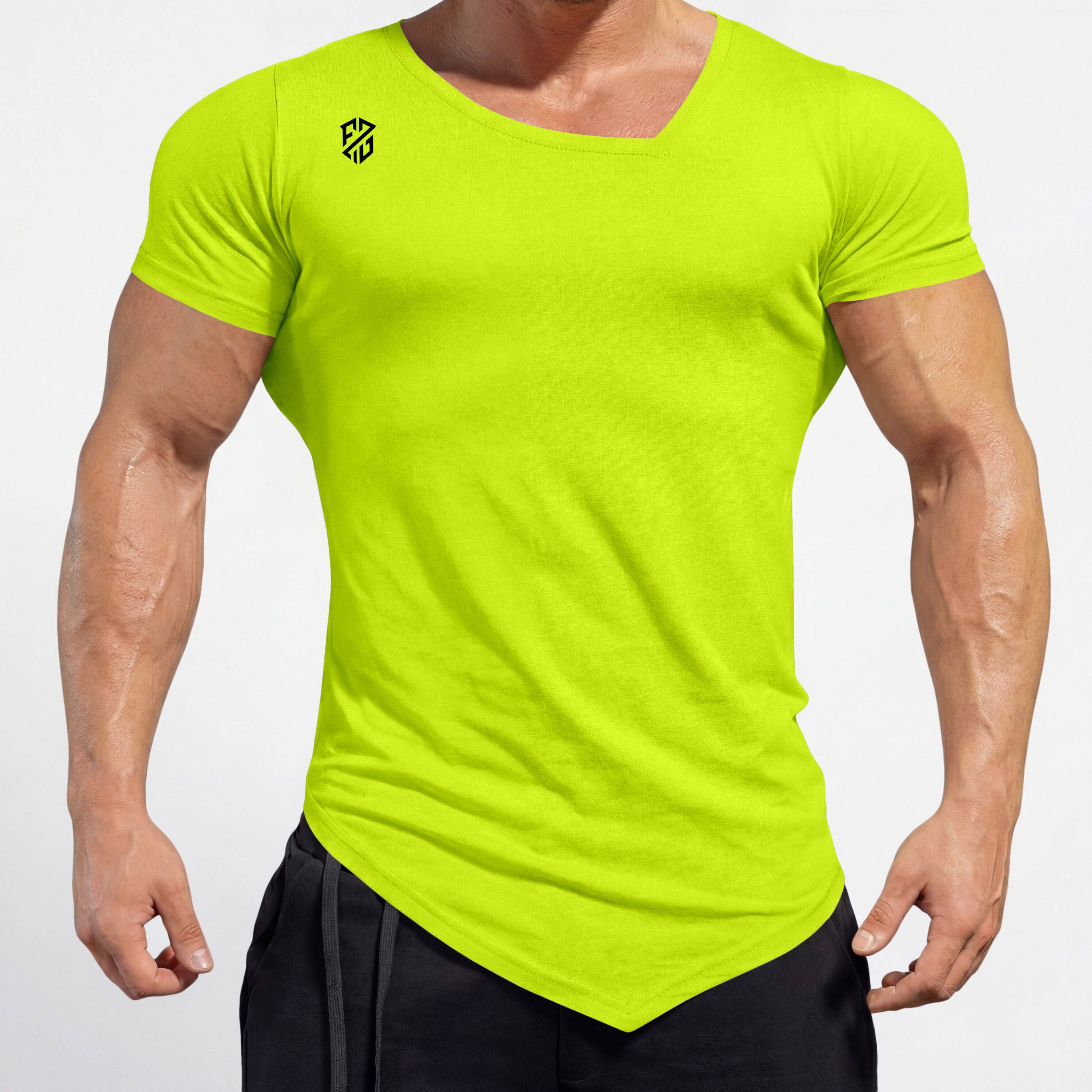 Pro Dry Fit Neon Green Gym T Shirt - Unique Asymmetrical Neck