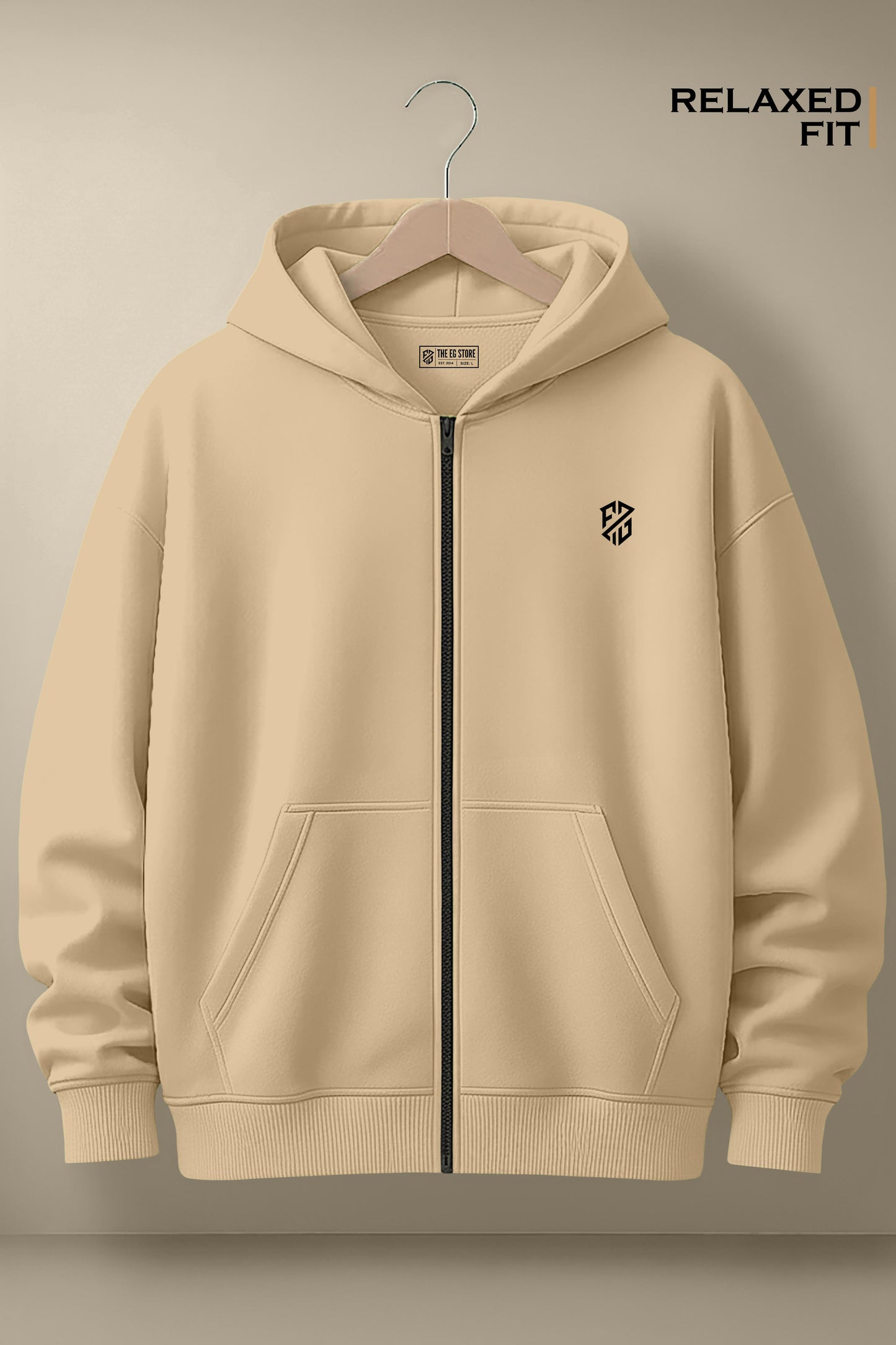 Beige relaxed fit zip-up hoodie with black chest logo and front pockets on hanger