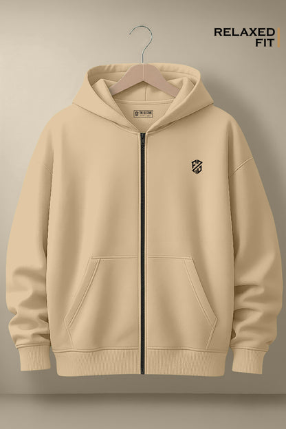 Beige relaxed fit zip-up hoodie with black chest logo and front pockets on hanger