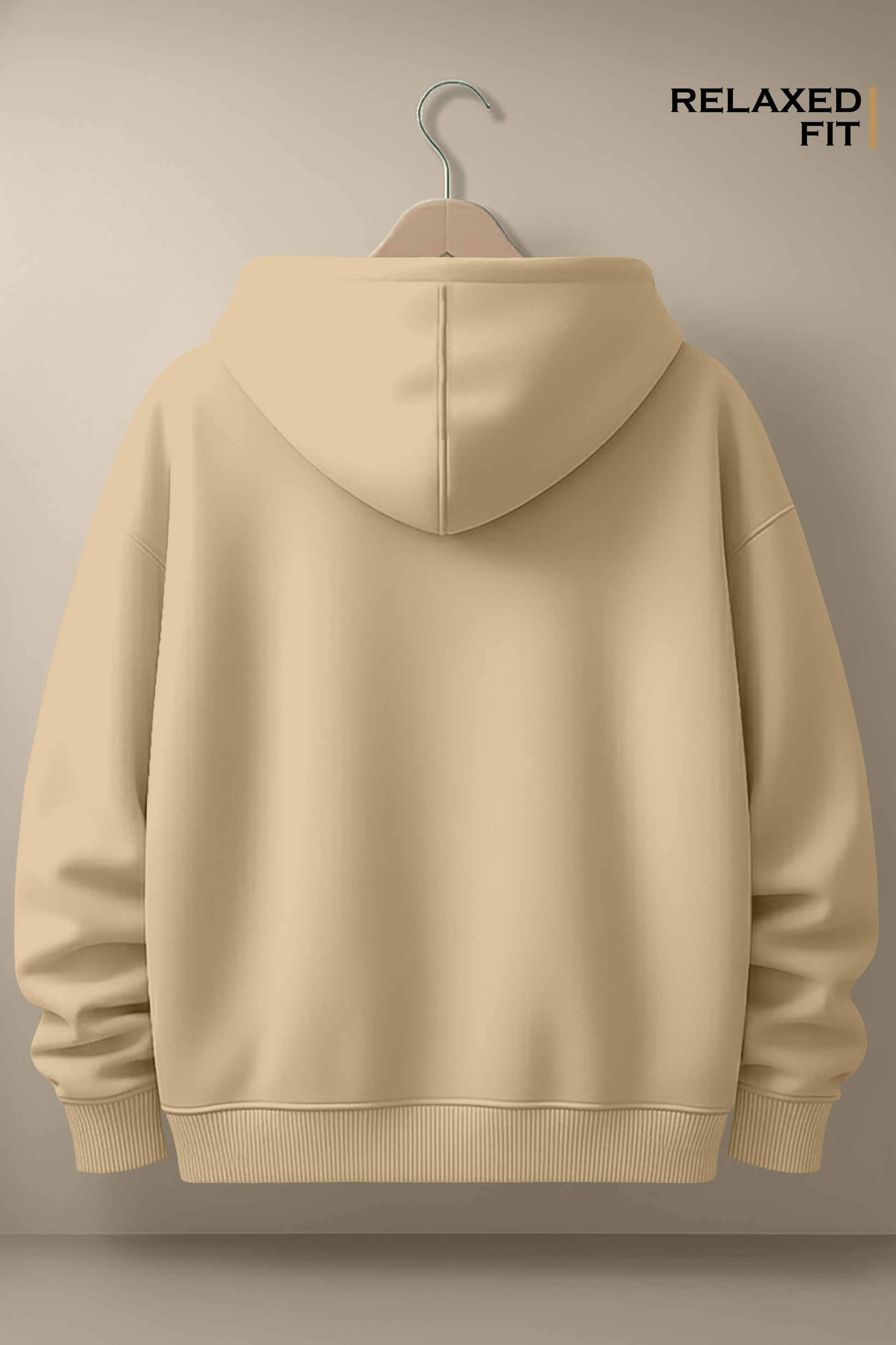 Beige relaxed fit hoodie with hood on hanger, plain back view against neutral background
