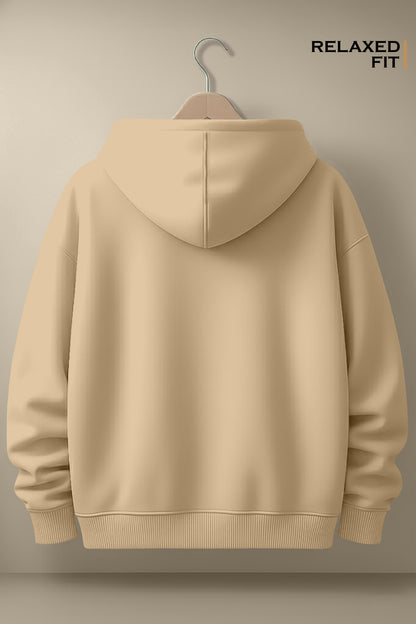 Beige relaxed fit hoodie with hood on hanger, plain back view against neutral background