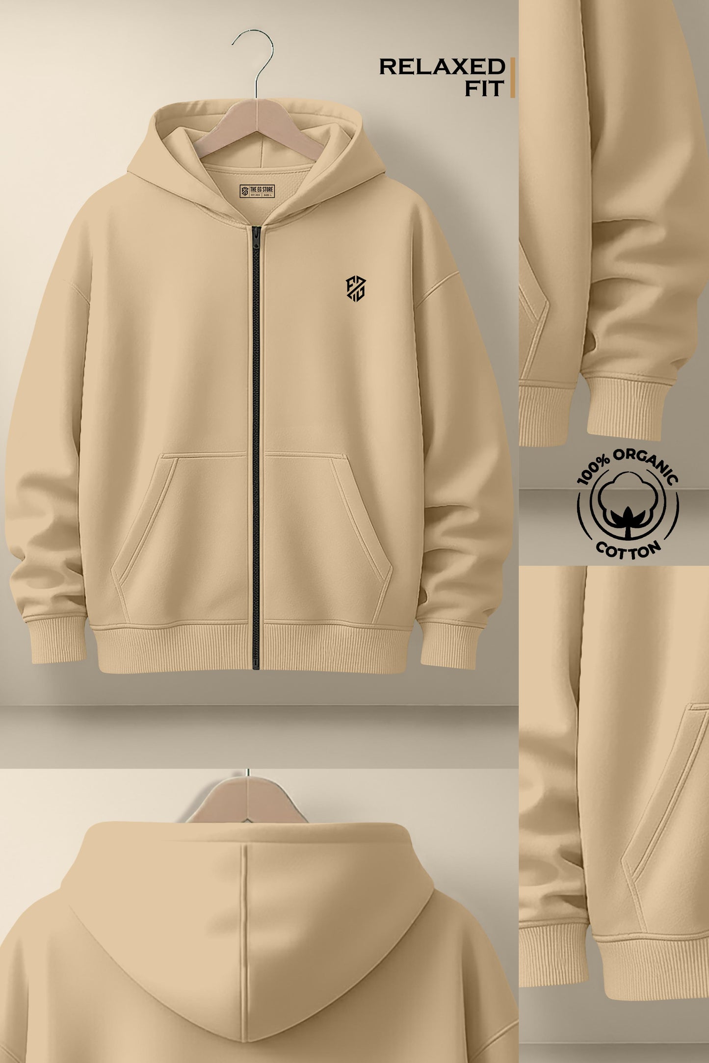 Beige relaxed fit zip-up hoodie made from 100% organic cotton, front pockets, minimal logo.