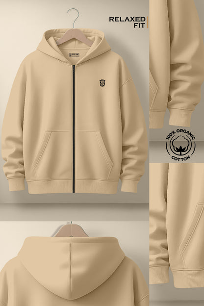 Beige relaxed fit zip-up hoodie made from 100% organic cotton, front pockets, minimal logo.