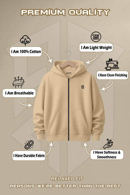 Beige zip-up hoodie on hanger, 100% cotton, breathable, lightweight, soft, durable, clean finish