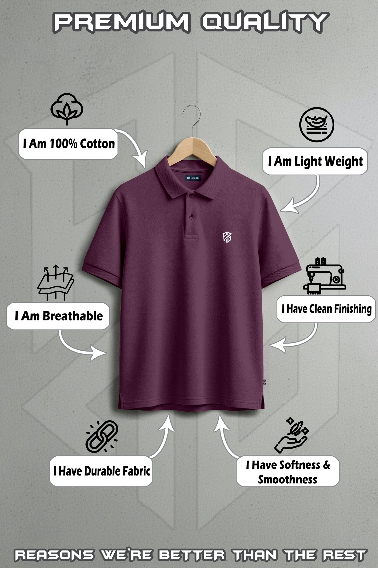 Maroon cotton polo shirt on hanger with breathable, lightweight, durable fabric and clean finishing.