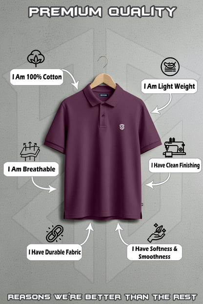 Maroon cotton polo shirt on hanger with breathable, lightweight, durable fabric and clean finishing.