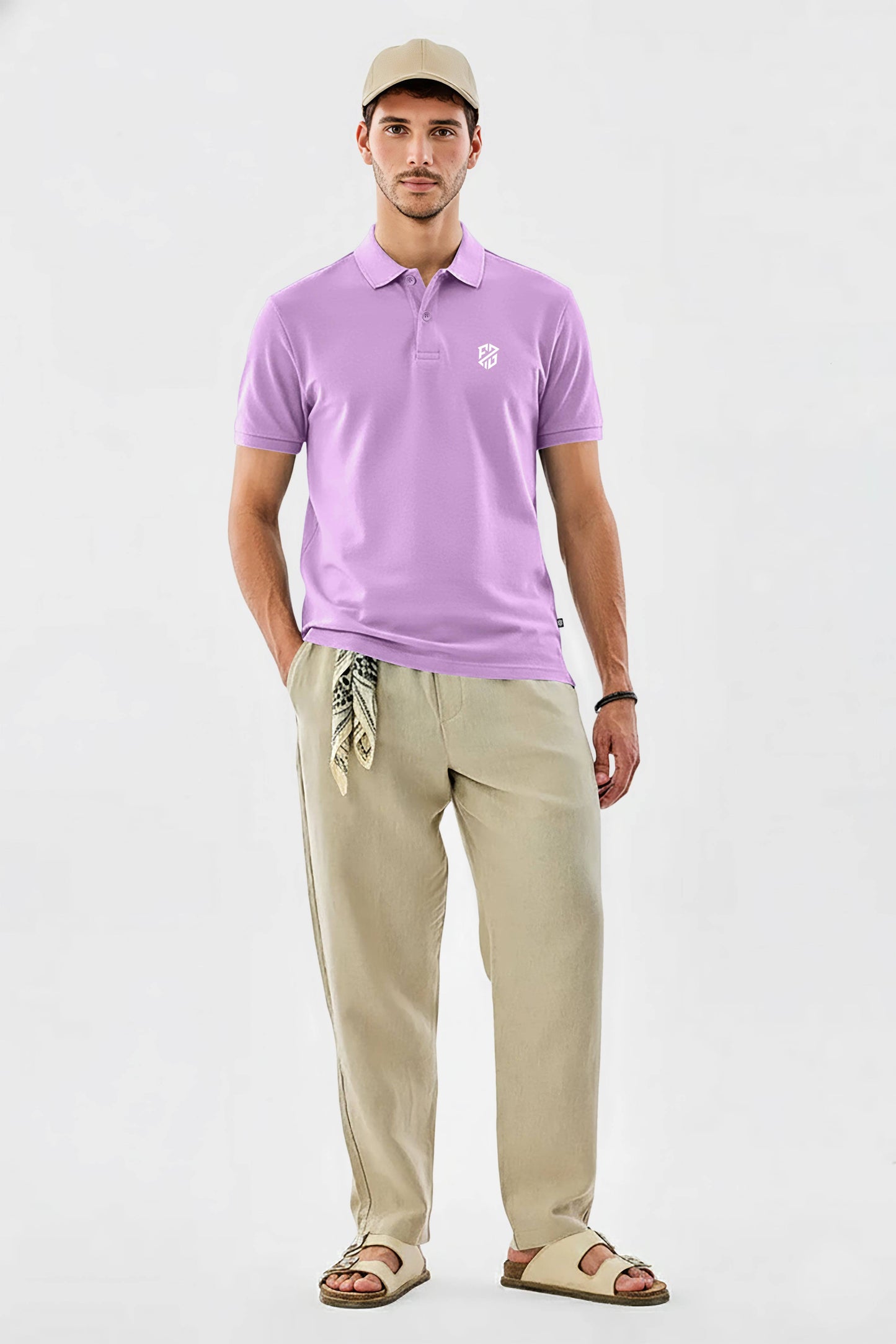 Lavender men's slim fit cotton polo T-shirt from THE EG STORE, casual smart wear with a classic collar and short sleeves.