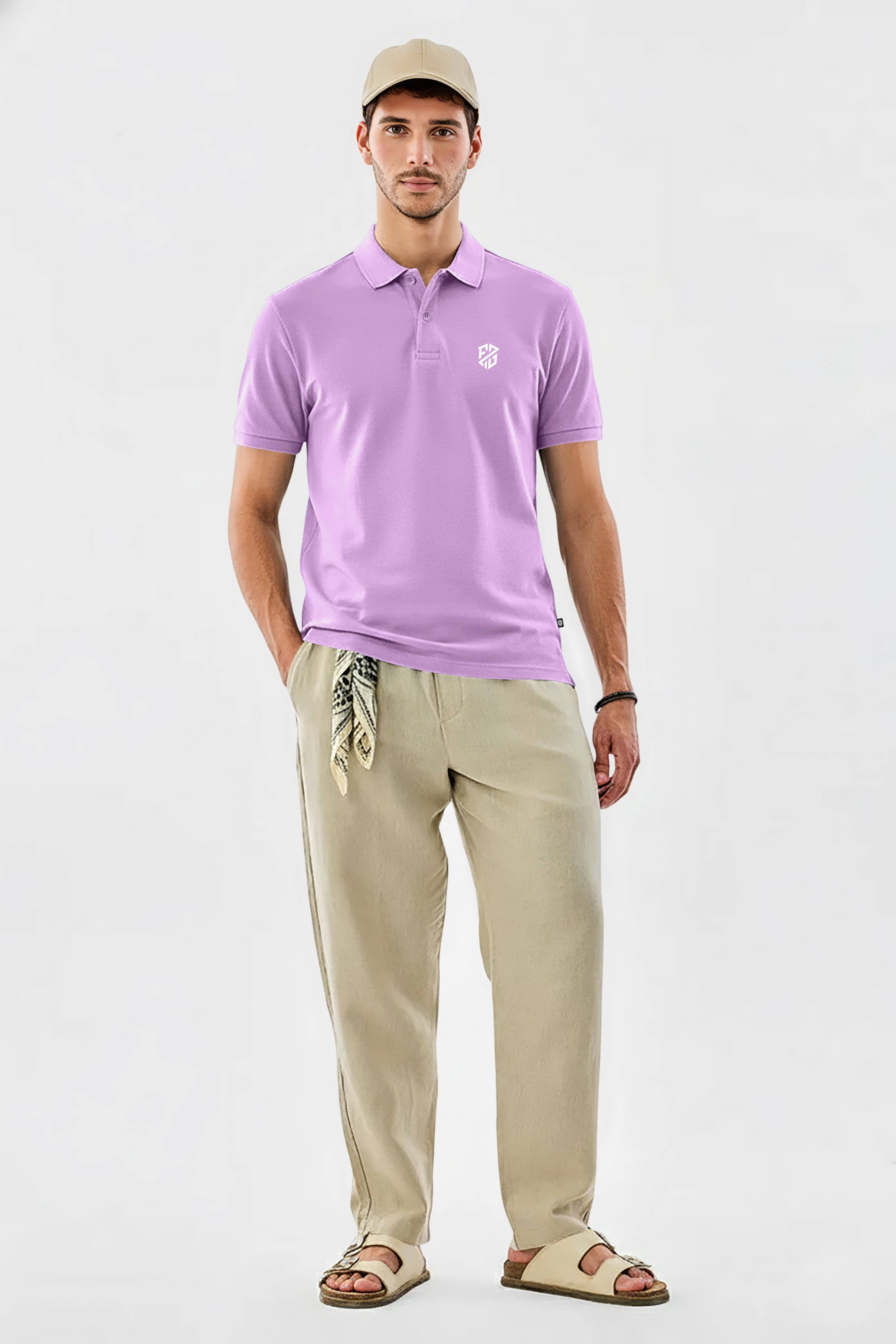 Lavender men's slim fit cotton polo T-shirt from THE EG STORE, casual smart wear with a classic collar and short sleeves.