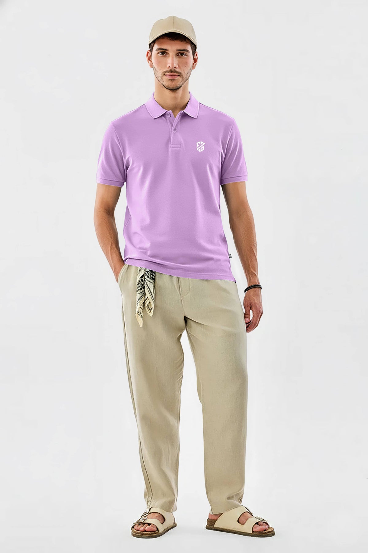 Lavender men's slim fit cotton polo T-shirt from THE EG STORE, casual smart wear with a classic collar and short sleeves.