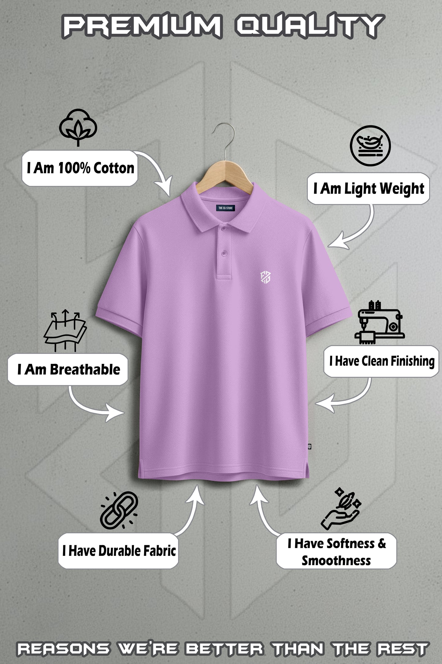 Lavender cotton polo shirt on hanger, lightweight, breathable, durable, soft, clean finish.