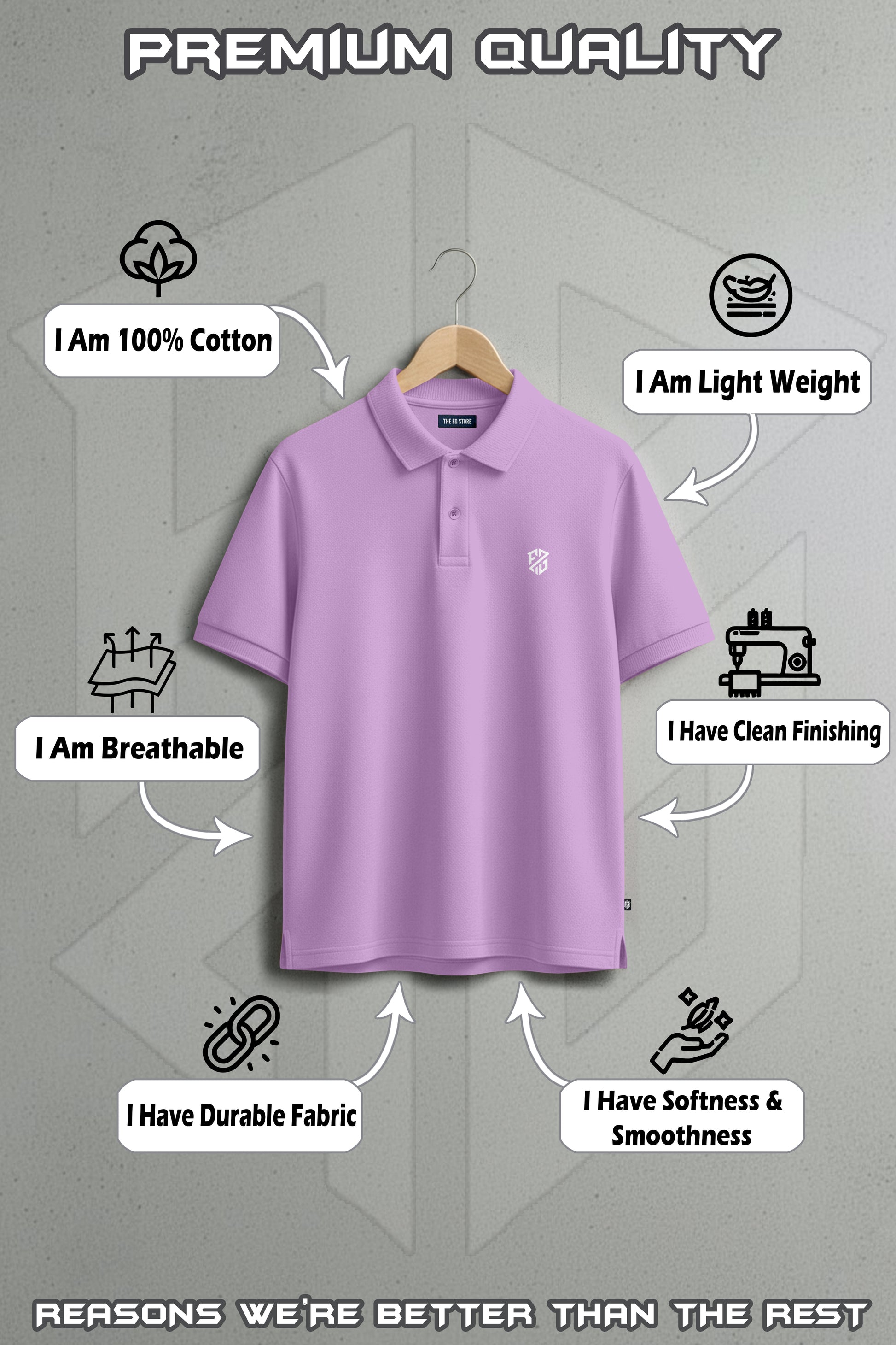 Lavender cotton polo shirt on hanger, lightweight, breathable, durable, soft, clean finish.