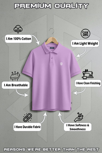 Lavender cotton polo shirt on hanger, lightweight, breathable, durable, soft, clean finish.