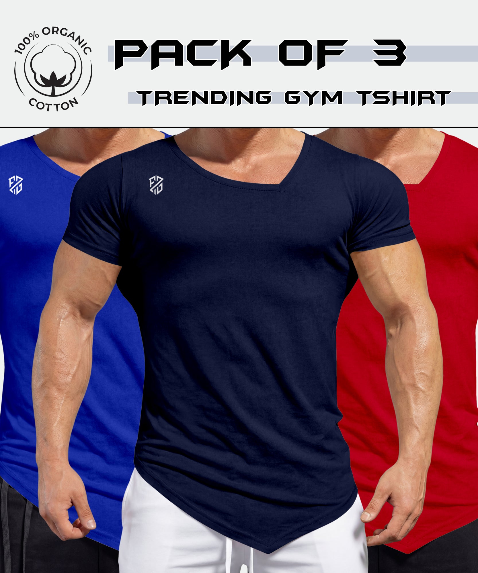 Pack of 3 men's organic cotton gym t-shirts in blue, navy, and red, short sleeve, athletic fit
