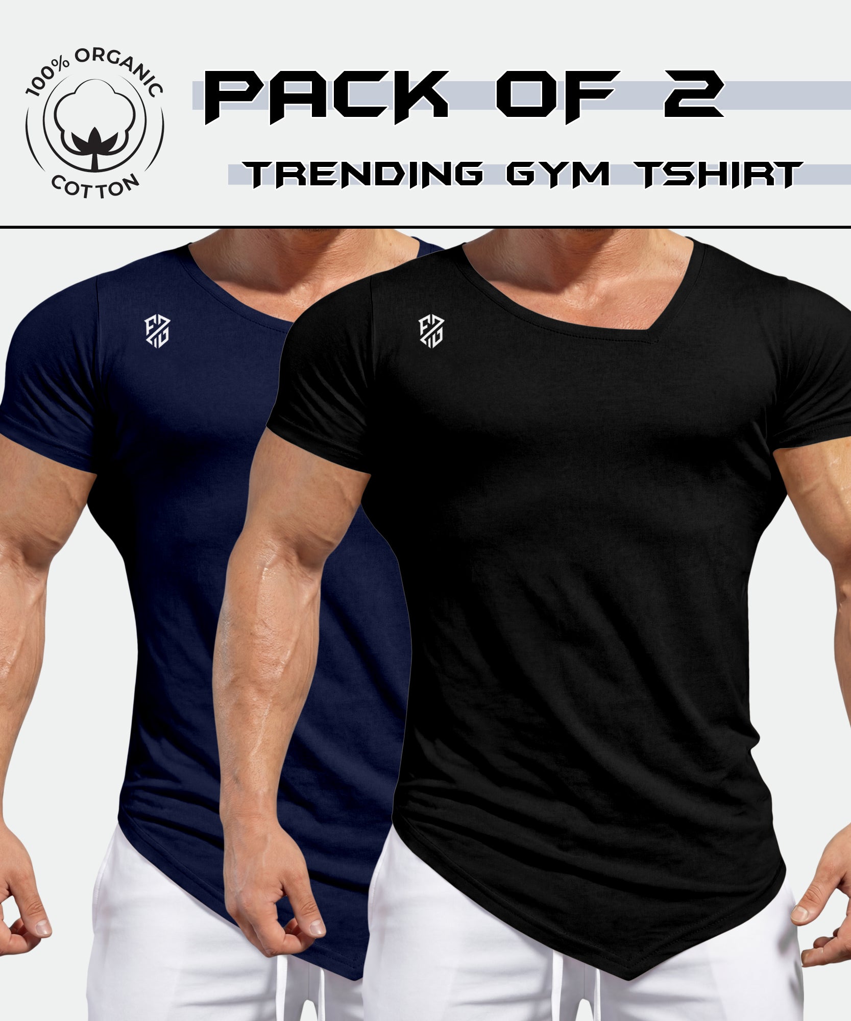 Pack of 2 men's gym t-shirts, organic cotton, black and navy blue, short sleeve, fitted style