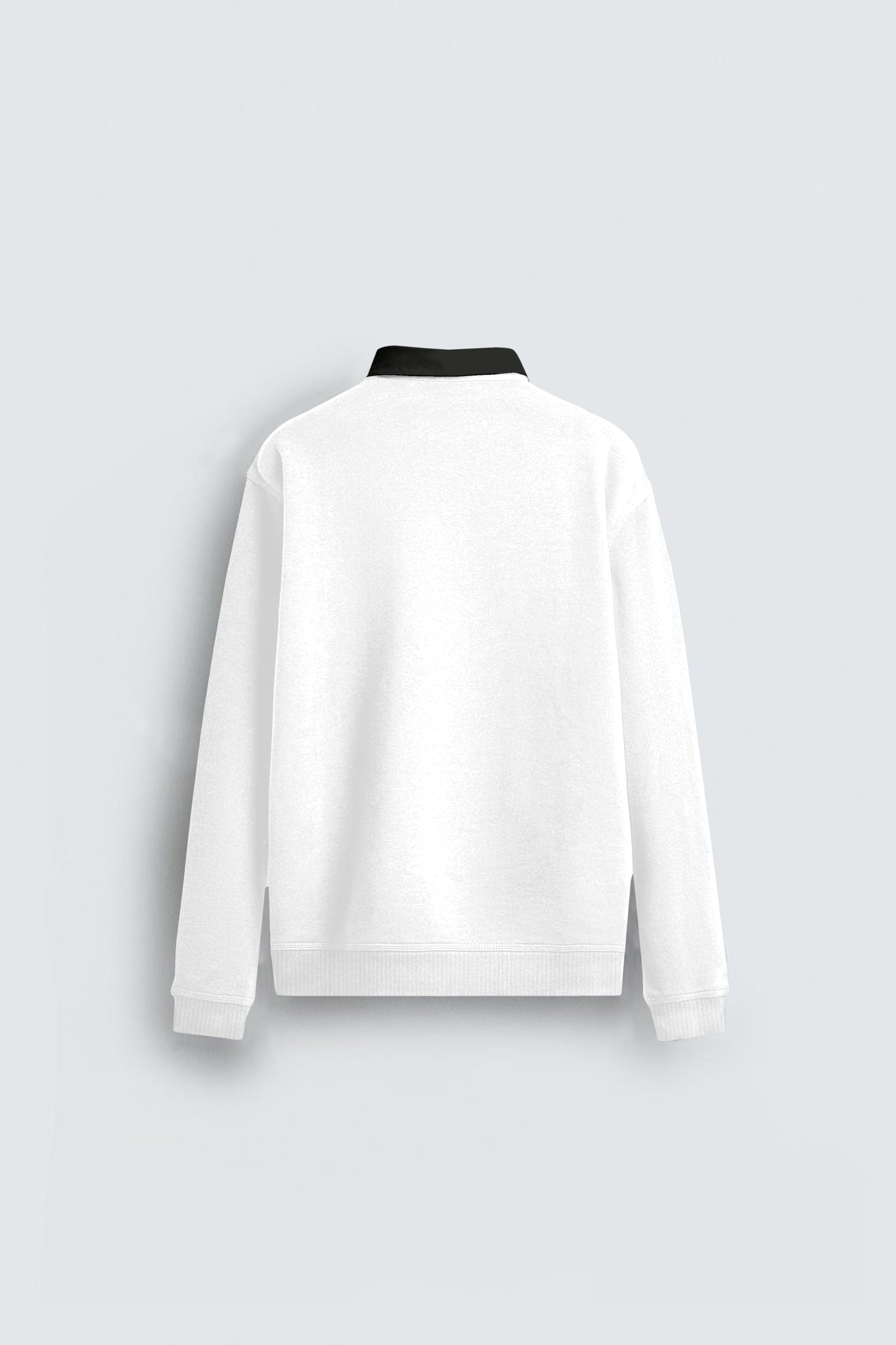 Back view of a white sweatshirt with a black collar, long sleeves, and ribbed cuffs