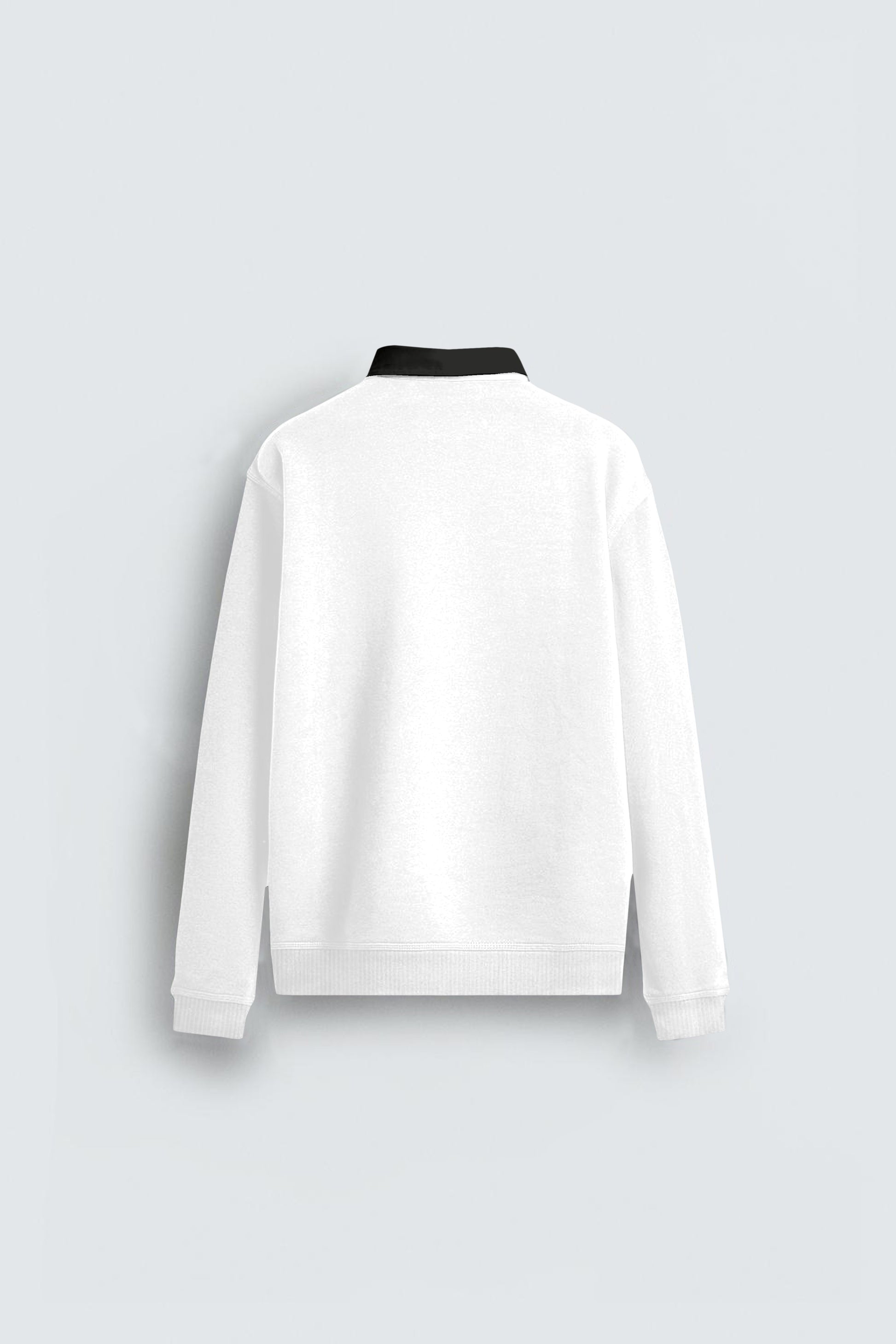 Back view of a white sweatshirt with a black collar, long sleeves, and ribbed cuffs