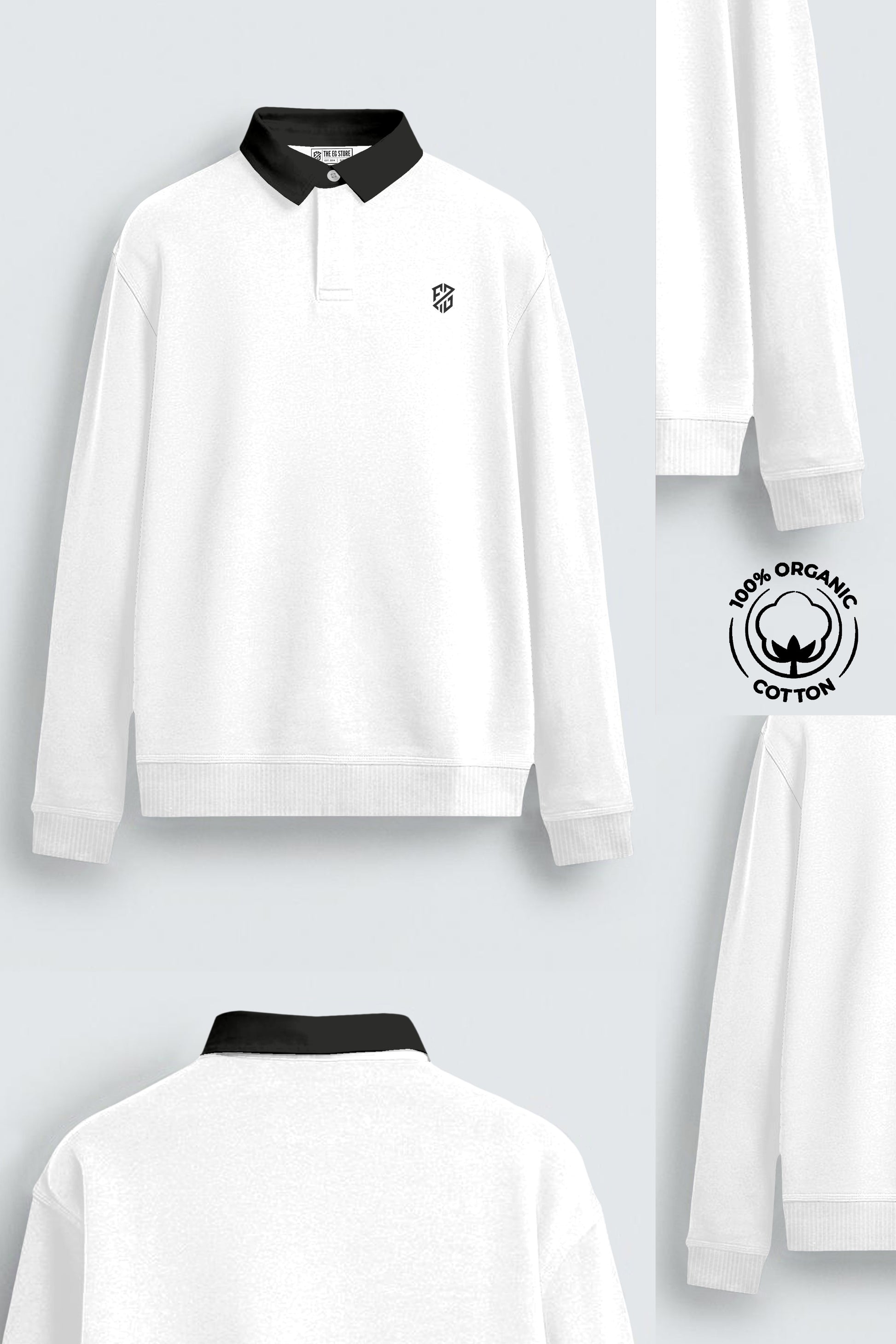 White organic cotton sweatshirt with black collar, long sleeves, and minimalist chest logo